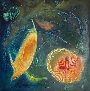 Dry pigment and acrylic fish and sun on a sea floor