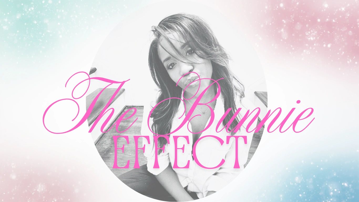 Black and white portrait with pink 'The Bunnie Effect' text overlay.