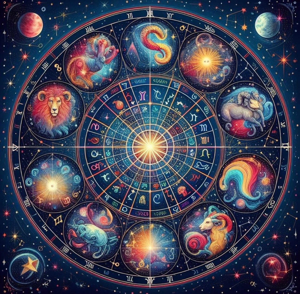 Colorful zodiac wheel with astrological symbols and constellations.