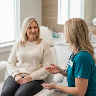 women discussing hormone pellets in owasso with her nurse practitioner at pathway health and beauty