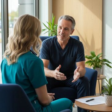 middle aged man chatting testosterone replacement in Owasso with his nurse practitioner at a clinic