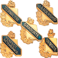 5 academic enamel lapel pins: journalism, leadership, graduate, perfect attendance, and debate.