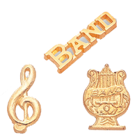3 musical lapel pins: Band, Musical scale, and harp.