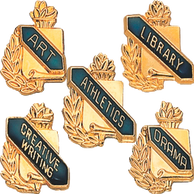 5 academic enamel lapel pins: Art, library, athletics, creative writing, and drama.