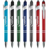 Seven ballpoint pens with a click action mechanism and stylus tip.