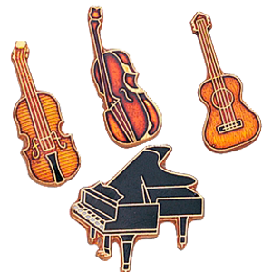 4 instrumental lapel pins: Violin, Cello, Guitar, and piano.