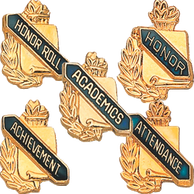 5 academic enamel lapel pins: honor roll, honor, academics, attendance, and achievement.