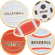 5 color-filled Chenille Pins: Volleyball, soccer, football, basketball, and baseball.