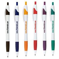 Six customizable ballpoint pens with colored rubber grips and accents.