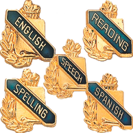 5 academic enamel lapel pins: english, reading, speech, spelling, and spanish.