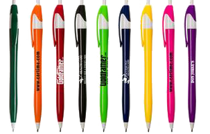 A set of colorful pens that are ready to be personalized with a business name and logo.