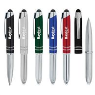 Six ballpoint pens with an LED flashlight and a stylus.