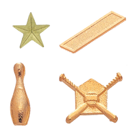 4 lapel pins: Star, Service Stripe, Bowling Pin, Baseball diamond with crossed bats and a baseball.