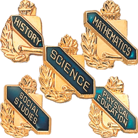 5 academic enamel lapel pins: history, mathematics, science, physical education, and social studies.