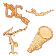 4 Chenille Pins: Cross Country, Swimming, Gymnastics, and a Megaphone.