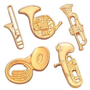 5 instrumental lapel pins: Trombone, French Horn, Trumpet, Sousaphone, and Baritone.