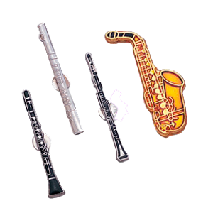 4 instrumental lapel pins: Clarinet, Flute, Oboe, and saxophone.