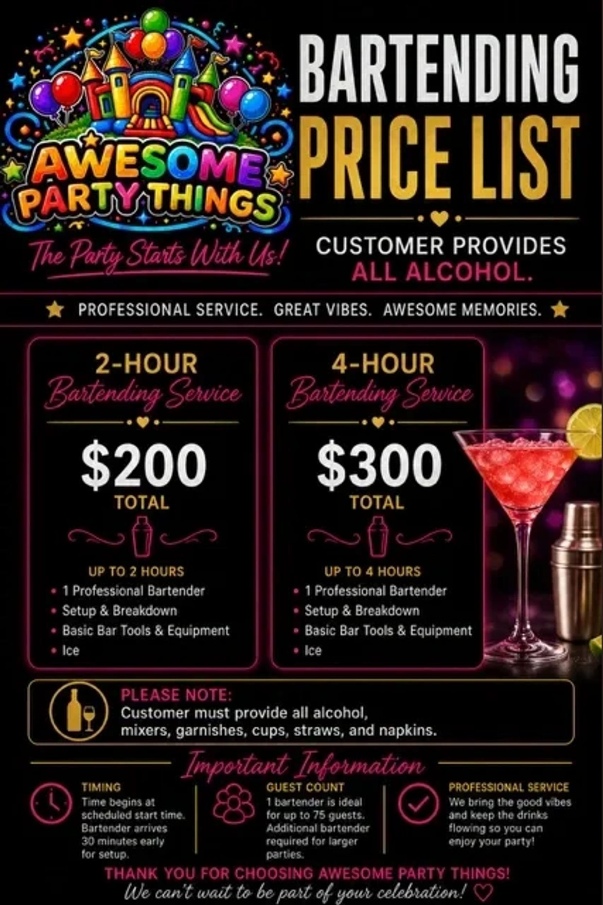 Colorful bartending price list for 2- and 4-hour services with customer-provided alcohol.