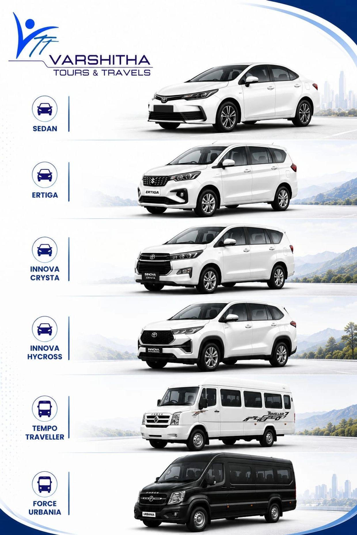 Varshitha Tours & Travels vehicle options include Sedan, Ertiga, Innova Crysta, Innova Hycross, Tempo Traveller, and Force Urbania.