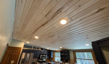 Recessed lighting in new kitchen ceiling.