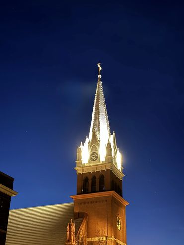 Exterior church steeple lighting project completed by Ward Electric.