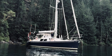 Hylas 54 sailboat in anchored in Desolation Sound, British Columbia.