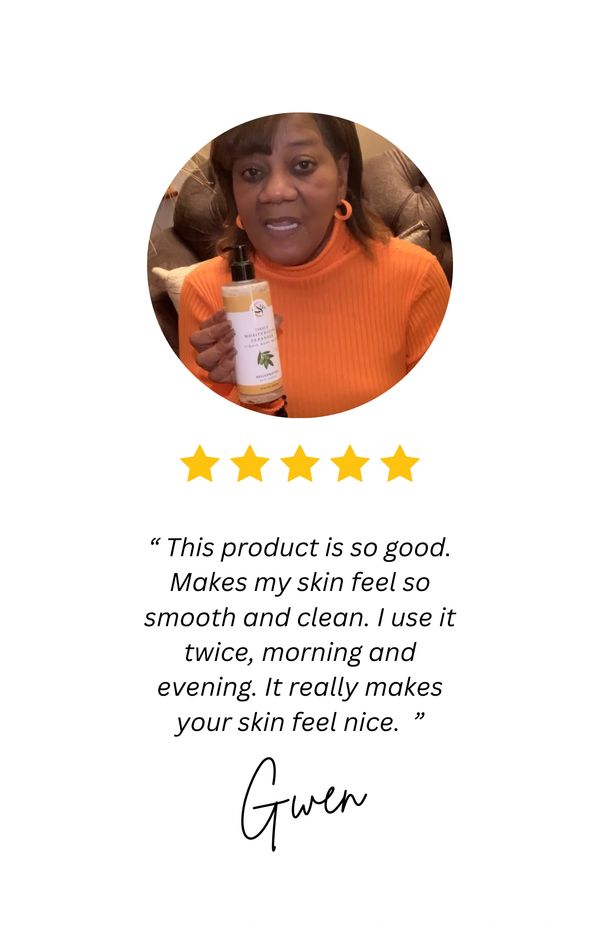 Customer holding product with Review under customer image.