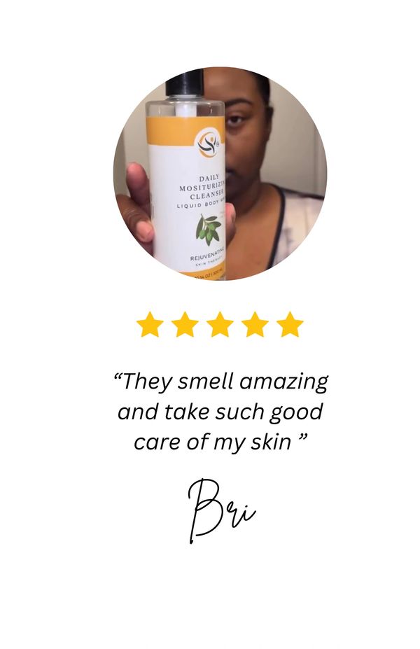 Customer holding product with Review underneath image.
