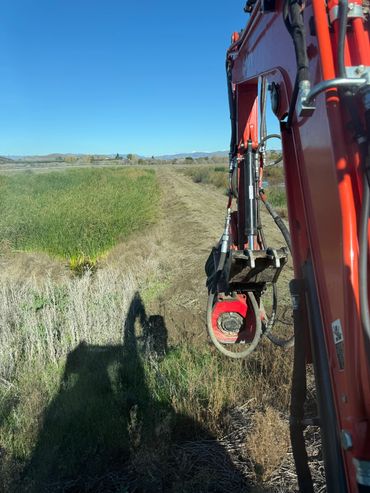 Excavator arm working on clearing vegetation in a field under clear blue sky.
