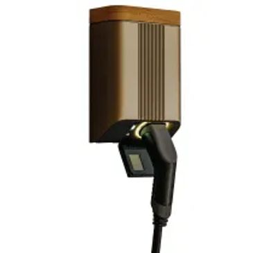 Wall-mounted electric vehicle charger with a sleek design and wooden top.