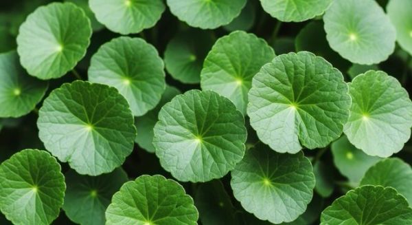 Close-up of green, round leaves with radiating veins.