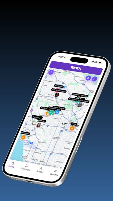 Smartphone displaying a location-based service app with various business markers in Los Angeles.