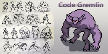 I wanted to redesign the code gremlin, so during a meeting I doodled the thumbnails in pen.