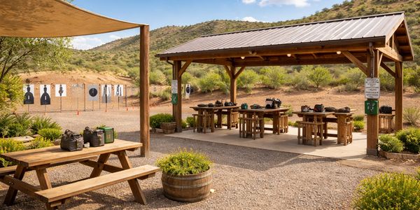 Outdoor shooting range with wooden shelter and targets in a desert landscape.