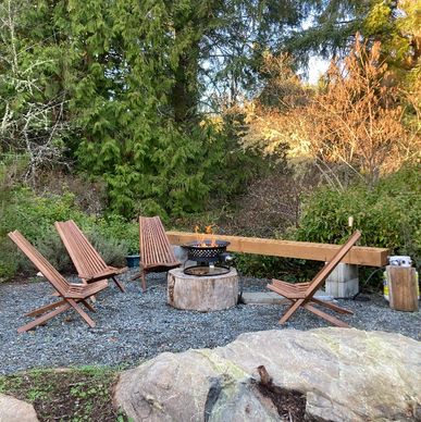 Enjoy the propane fire pit with friends and family at the vacation rental in Shirley BC.
