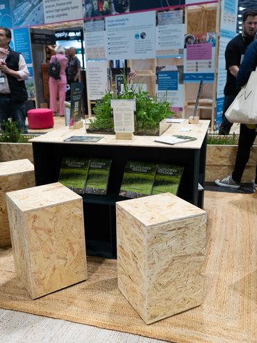 Modular exhibition stand furniture built from reusable materials for Wildflower Co. at Futurebuild.