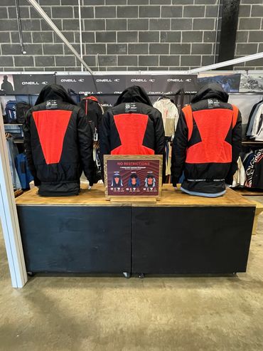 O'Neill snow jacket displayed on a modular upcycled retail plinth made by rebuild Events.