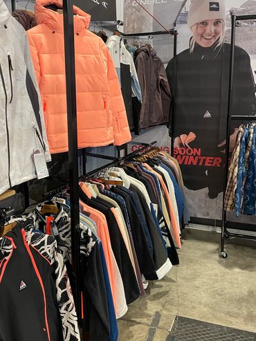 O'Neill snow collection merchandised on a modular framed fixture built by Rebuild Events.