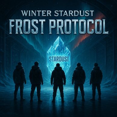 Five figures face a glowing icy crystal labeled Stardust in a dark cavern.