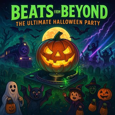 Halloween party poster with a spooky pumpkin DJ and festive characters.