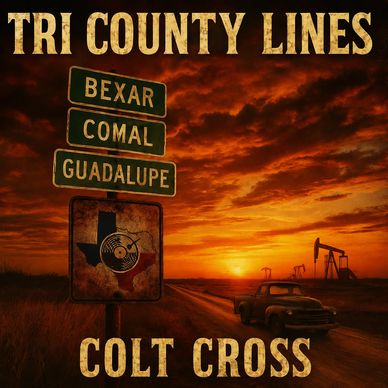 Album cover with sunset and road signs for three counties.