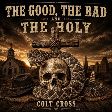 Western-style image with a skull, snake, and cross.