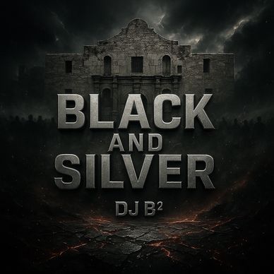 Dark-themed black and silver text with DJ B² and a historical building.