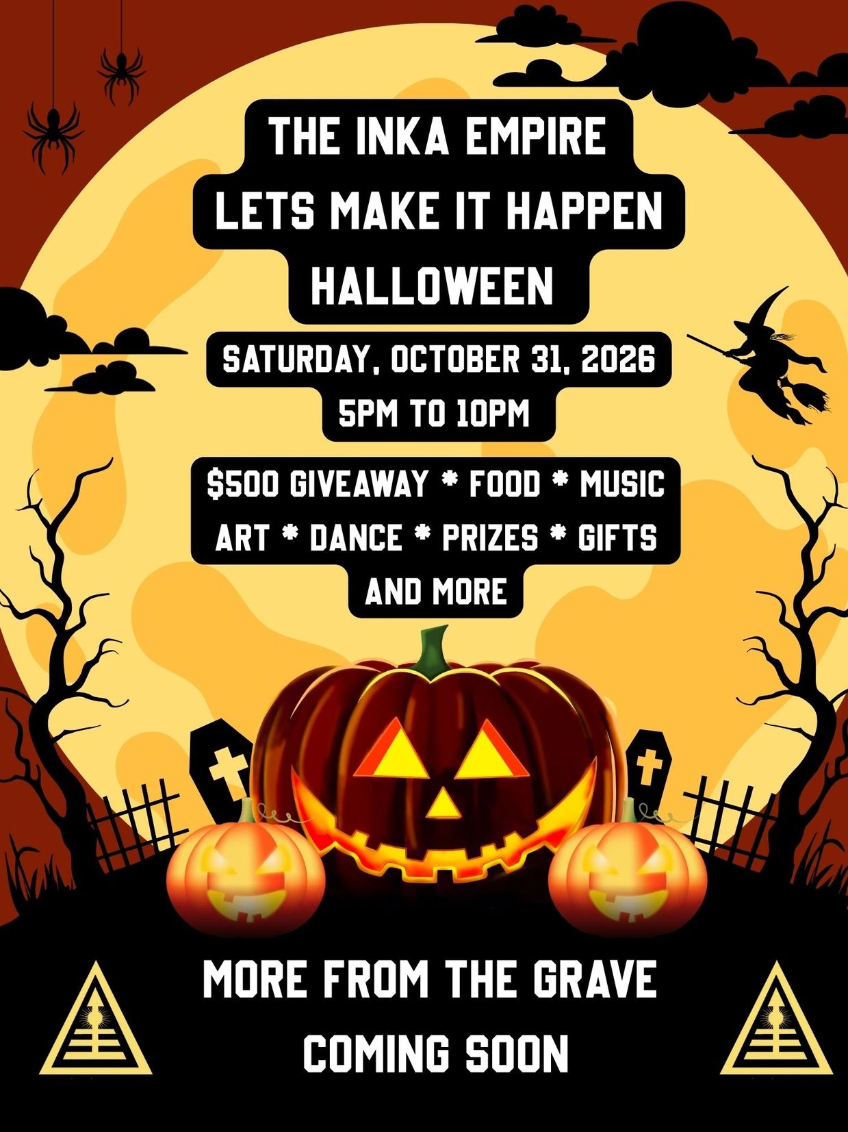 Halloween event poster with pumpkins and a witch illustration.