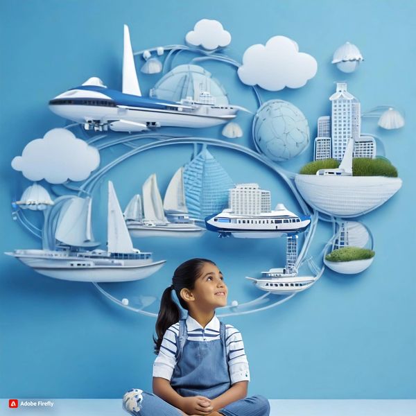 Young girl imagining futuristic flying and sailing vessels against a blue backdrop.