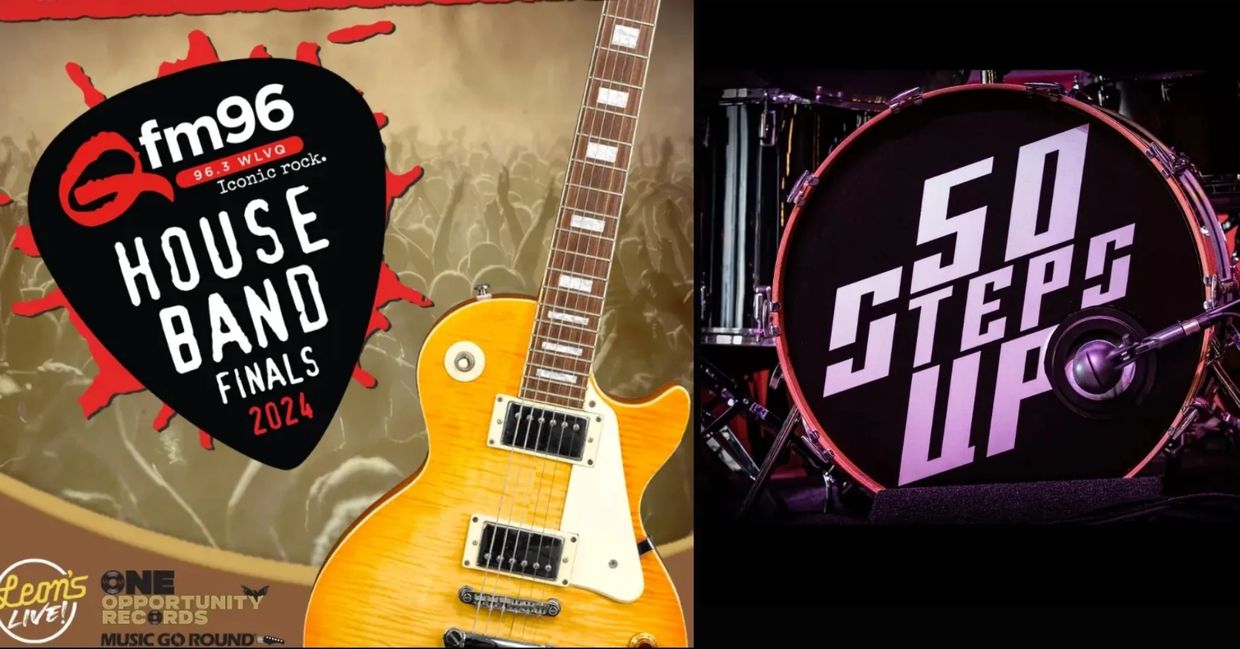 Guitar and drum with band logos for fm96 House Band Finals and 50 Steps Up.