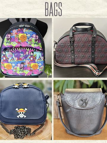 Four distinct bags displayed, featuring cartoon, floral, skull, and metallic designs.