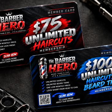 Two Barber Hero membership cards for unlimited haircuts and beard trims.