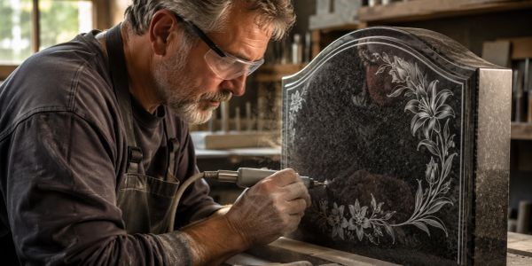 A craftsman engraves a floral design on a black tombstone.
