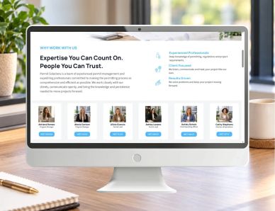 Permit Solutions website team page designed by Golden Girl Communications, featuring professional te